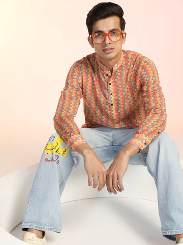 Men’s Orange Geometric & Floral Print Short Kurta