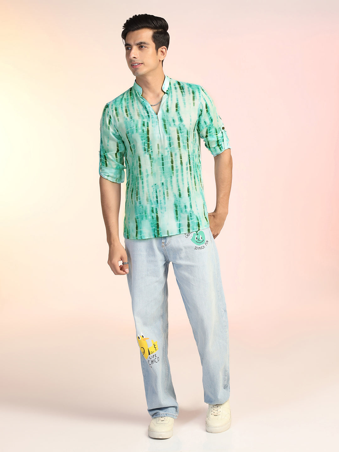Green Roll-Up Sleeve Printed Short Kurta For Men