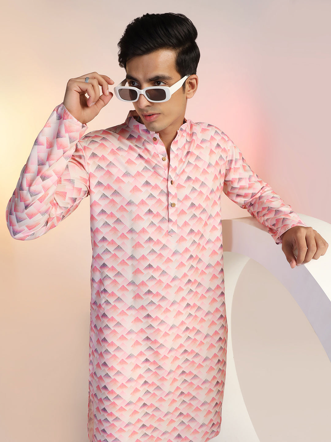 Pink Geometric Print Rayon Kurta For Men