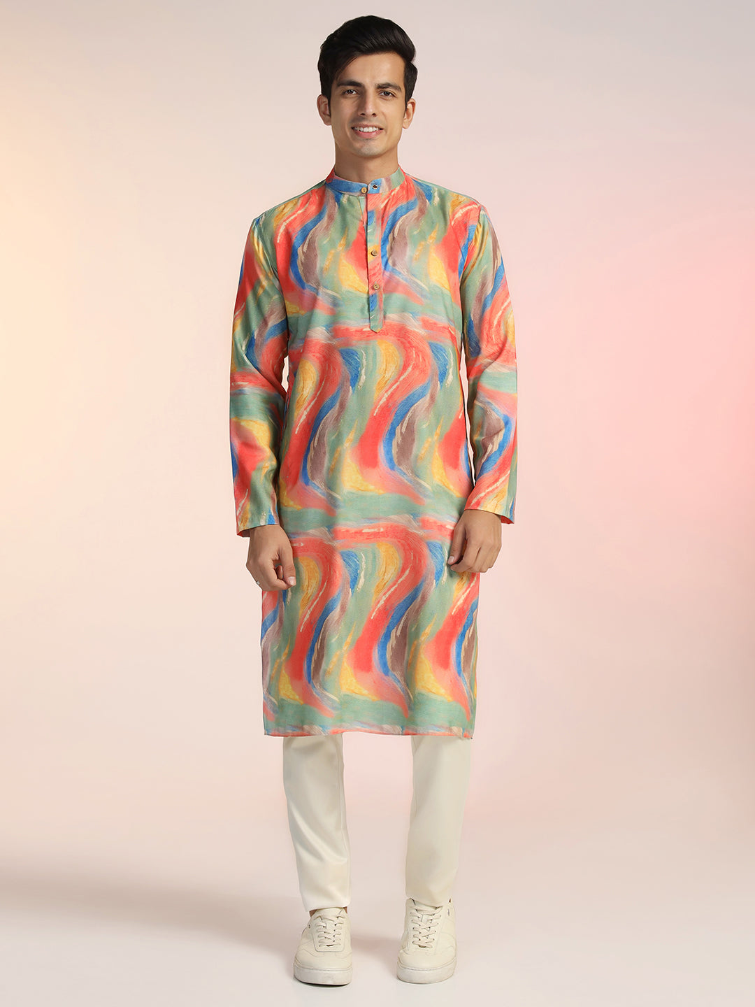 Multicolor Abstract Swirl Print Rayon Kurta For Men