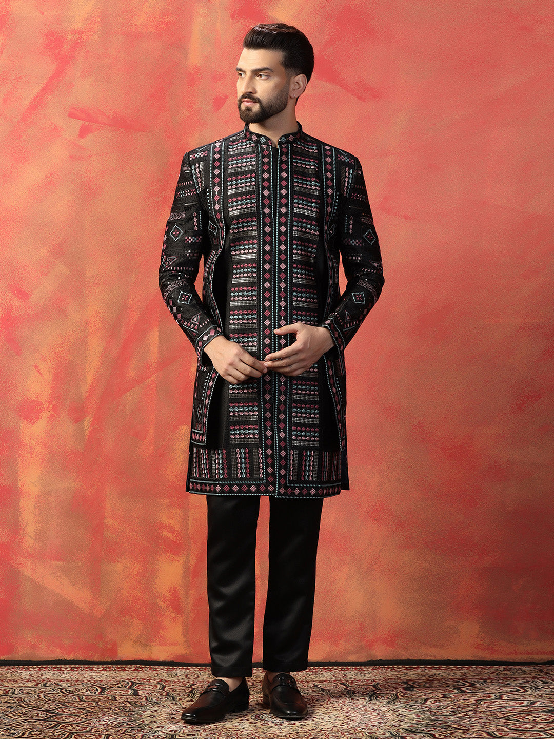 Men Black Embroidery Multicolor Indowestern Trouser Set