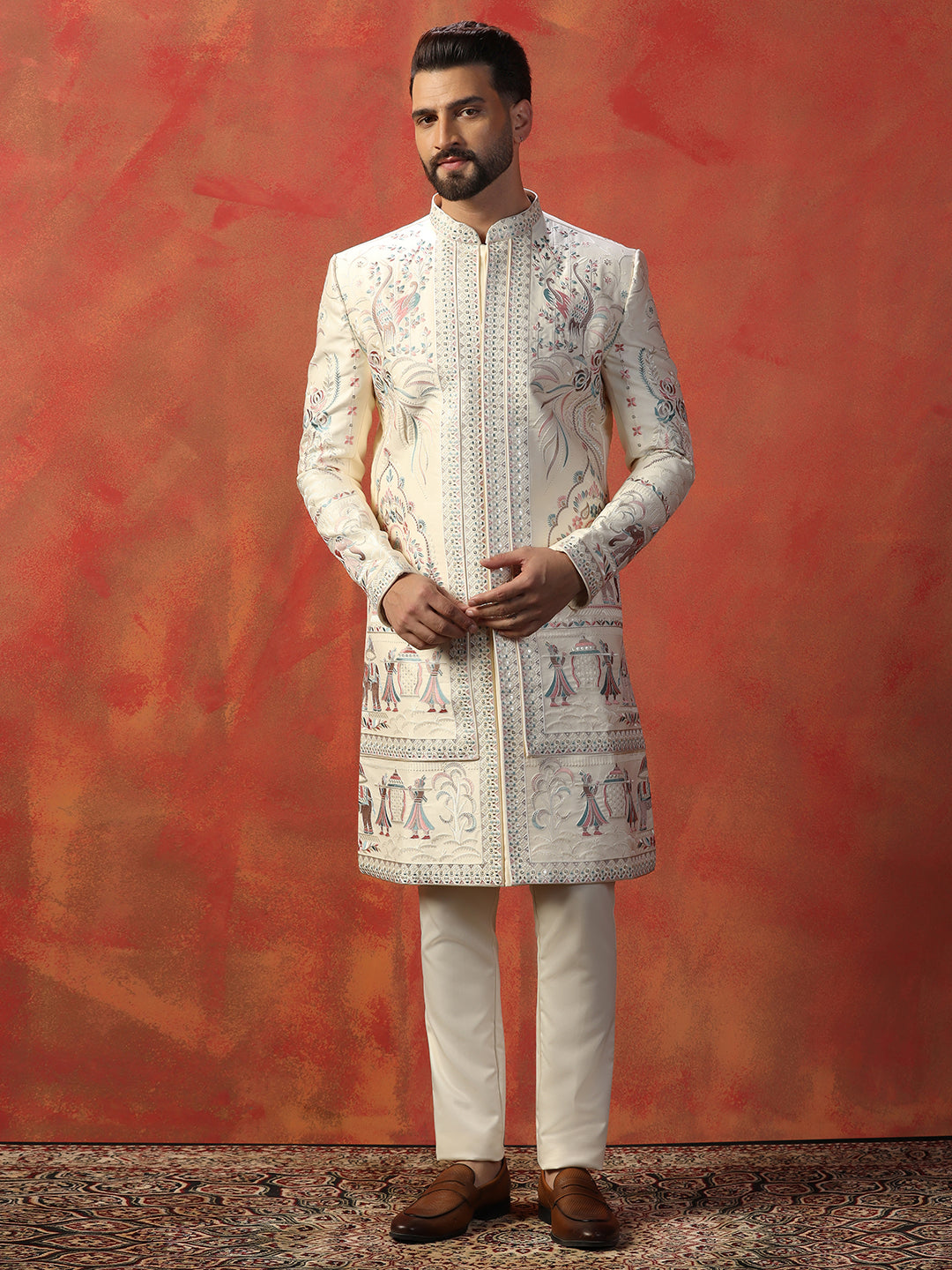 Men Off White Indowestern Trouser Set