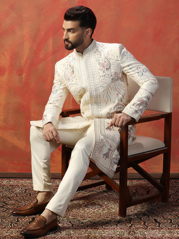 Men Off White Indowestern Trouser Set