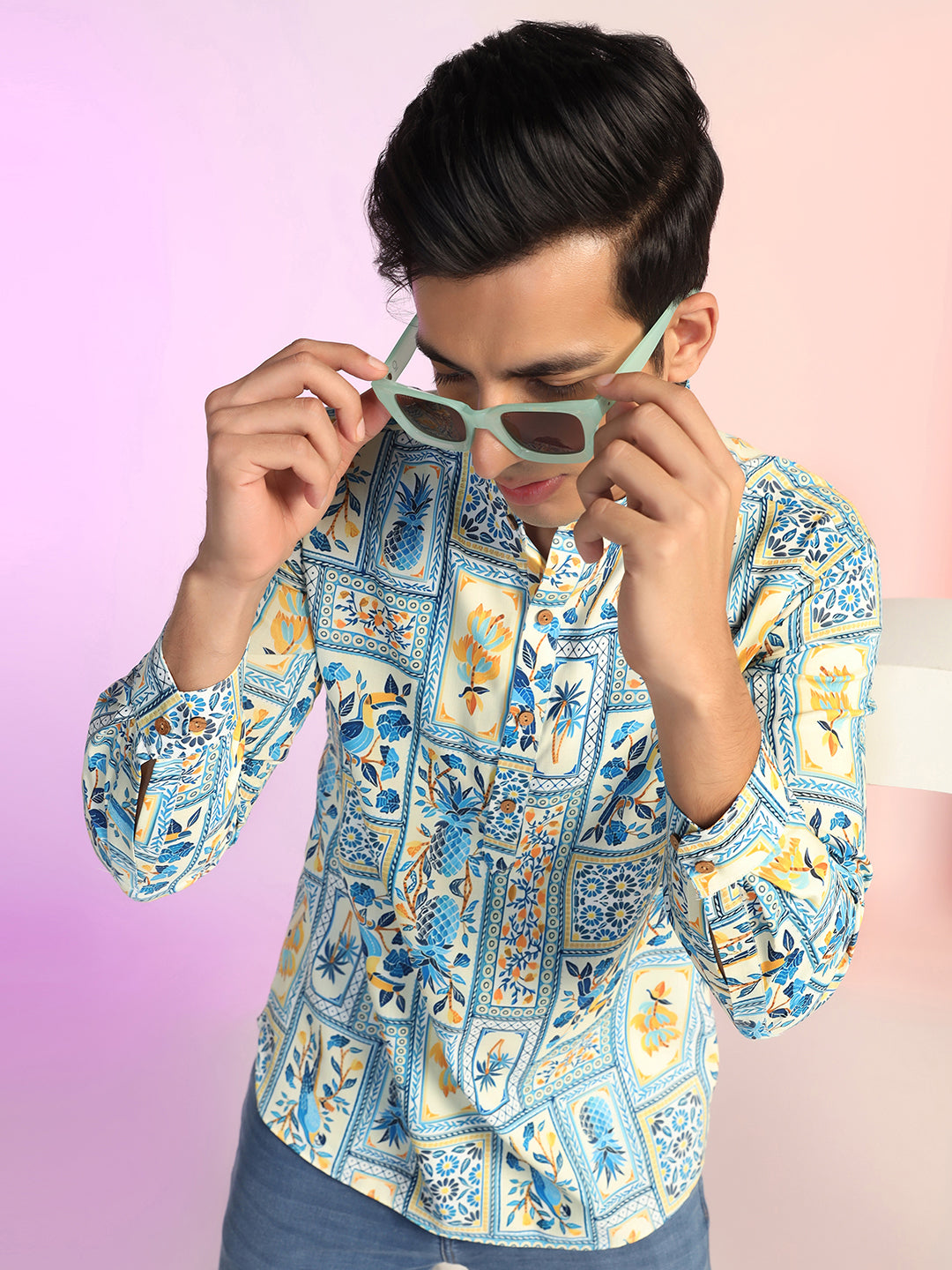 Blue & Yellow Printed Short Kurta For Men – Stylish & Comfortable Fusion Wear