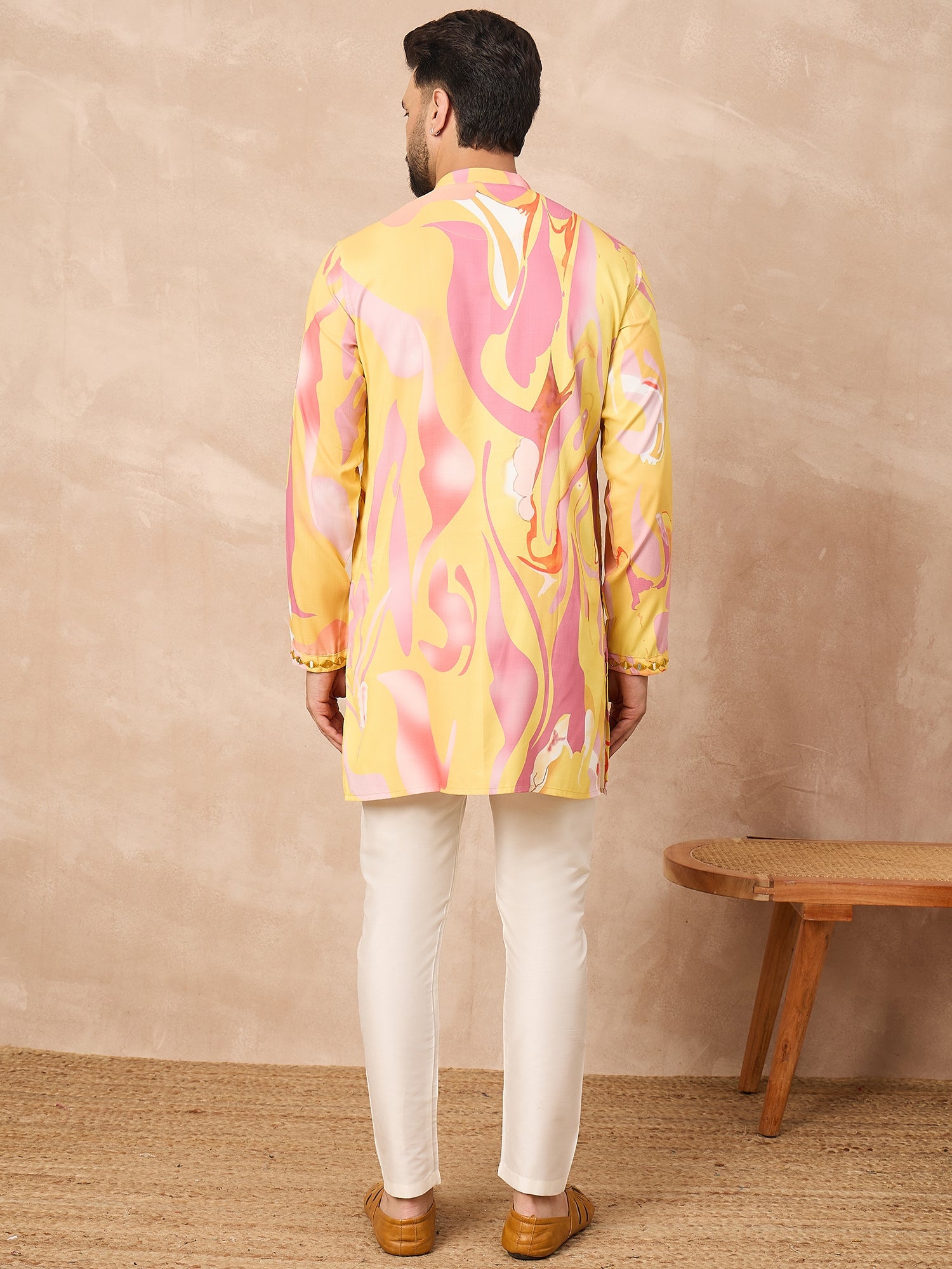 Prakatha Men’s Multicolor Printed Kurta Pant Dupatta Set with Real Mirror Work