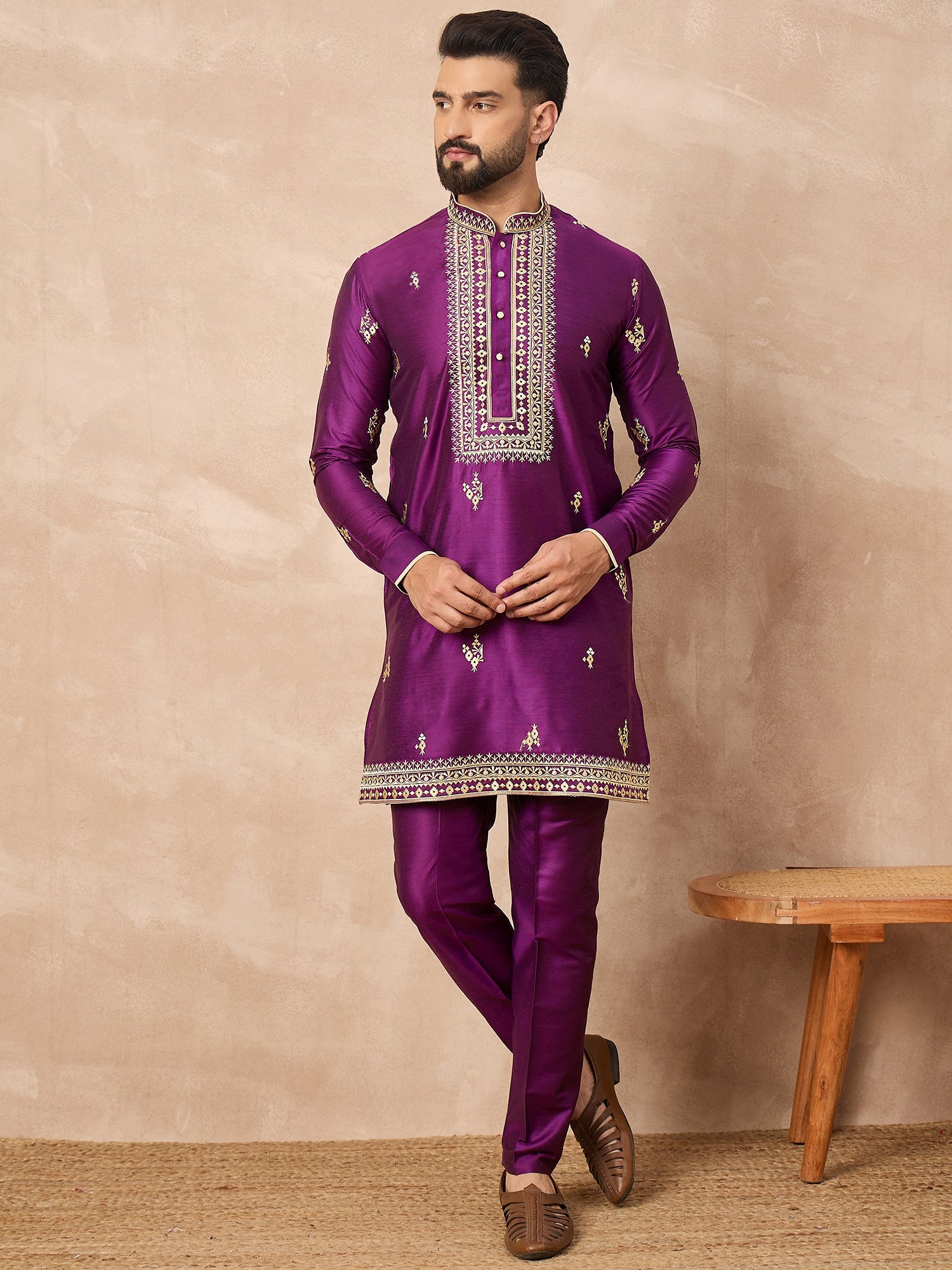 Prakatha Premium Purple Embroidered Kurta Trouser Set for Men