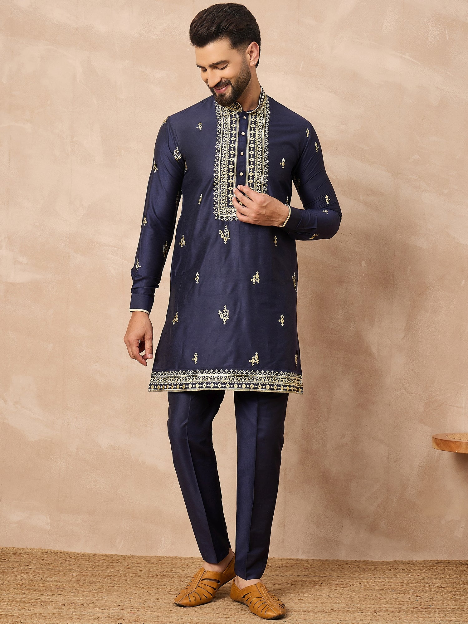Prakatha Premium Navy Blue Embroidered Kurta Trouser Set for Men
