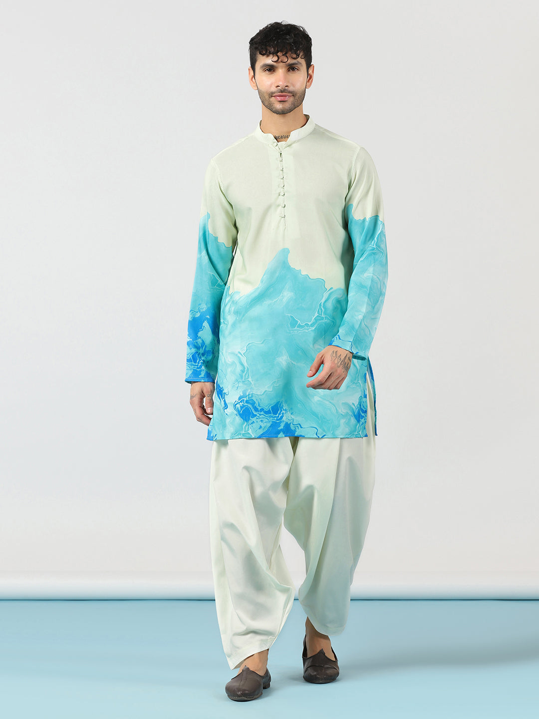 Prakatha Aqua Blue Ombre Printed Kurta Dhoti Set for Men