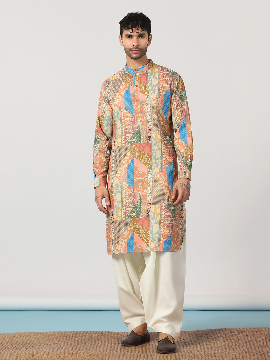 Prakatha Men’s Multicolor Geometric Printed Kurta Patiala Set