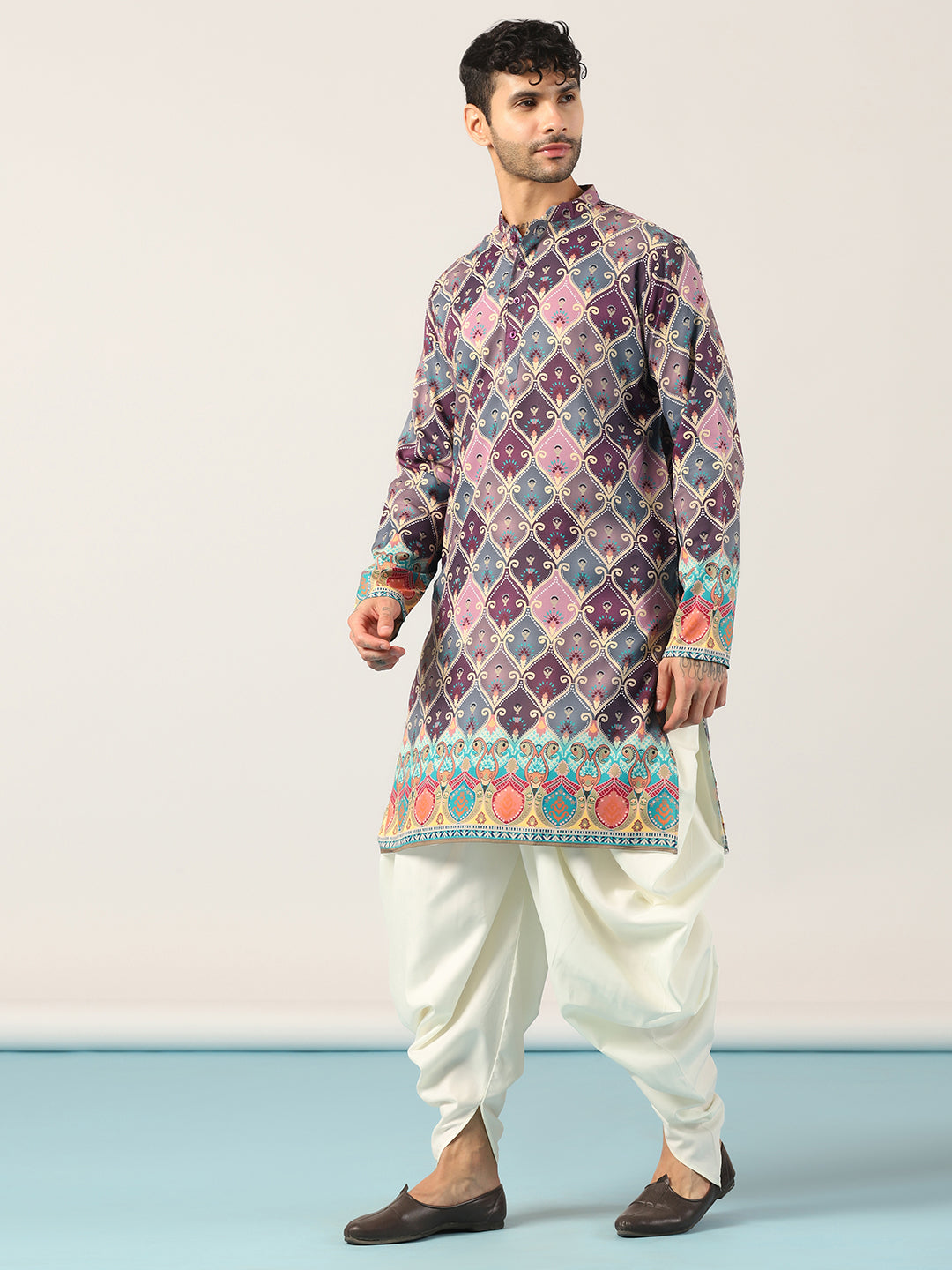 Prakatha Traditional Purple Printed Kurta Dhoti Set for Men