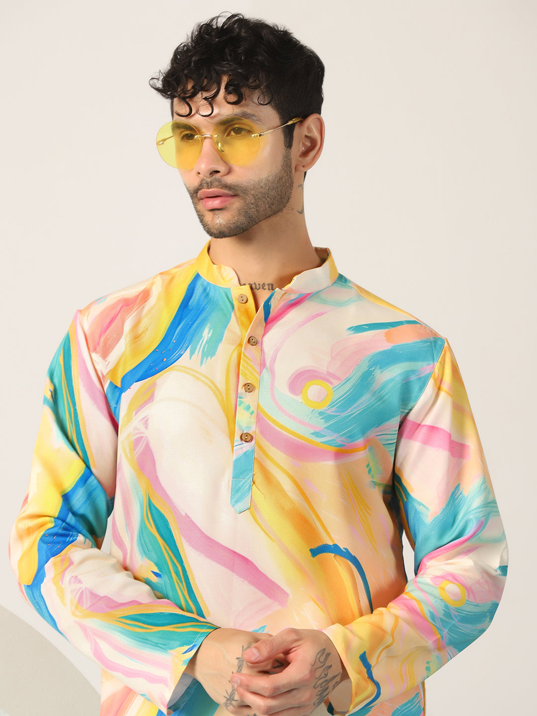 Prakatha Men’s Multicolor Abstract Print Kurta with Cream Pants