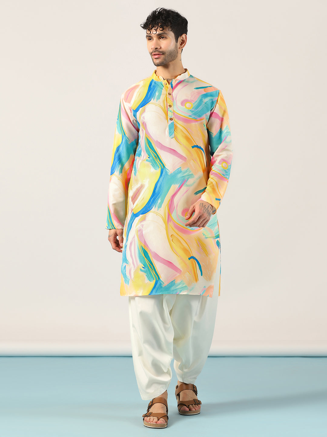 Prakatha Men’s Multicolor Abstract Print Kurta with Cream Pants