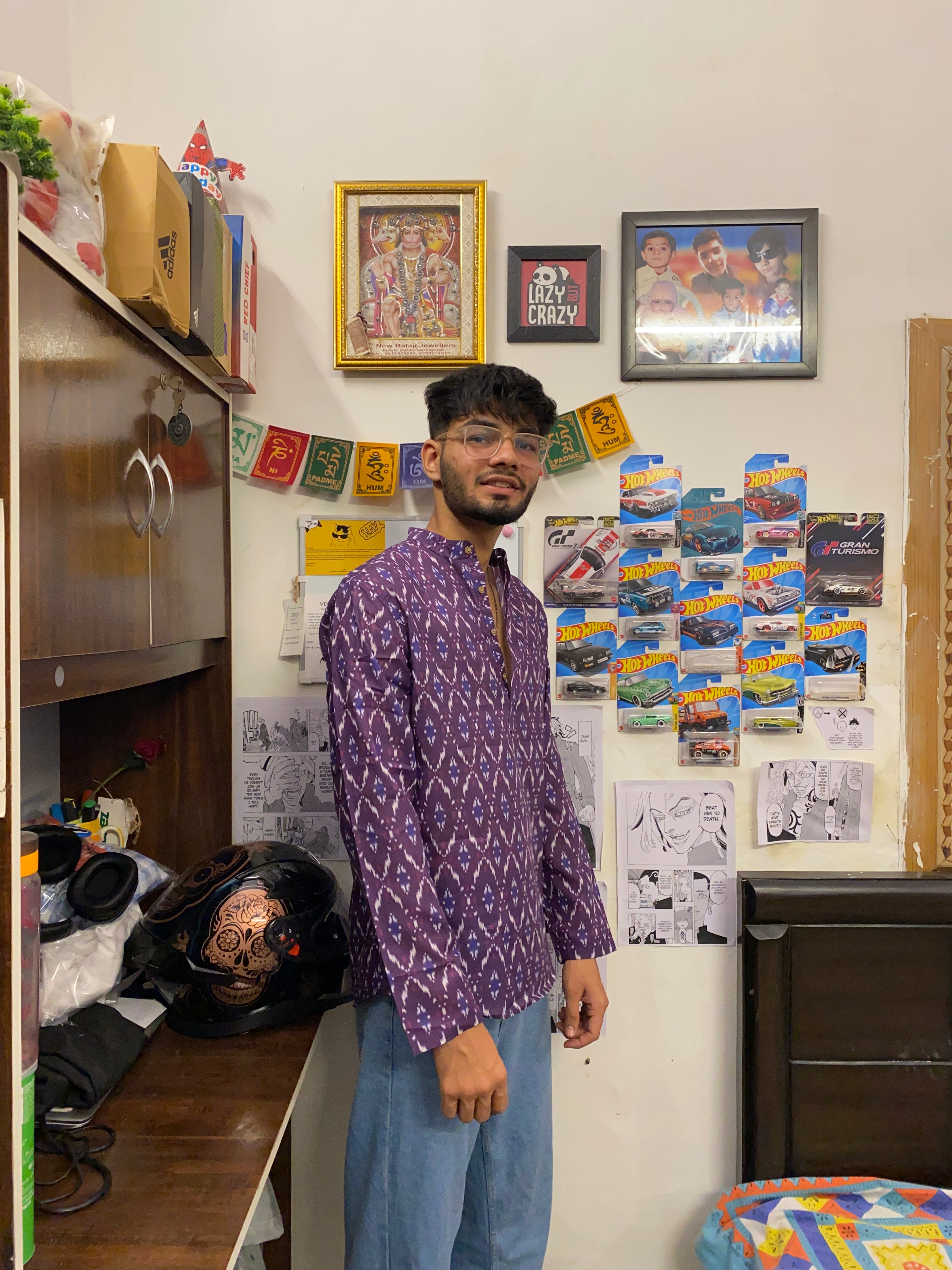 Rayon Purple Ikat Print Short Kurta For Men