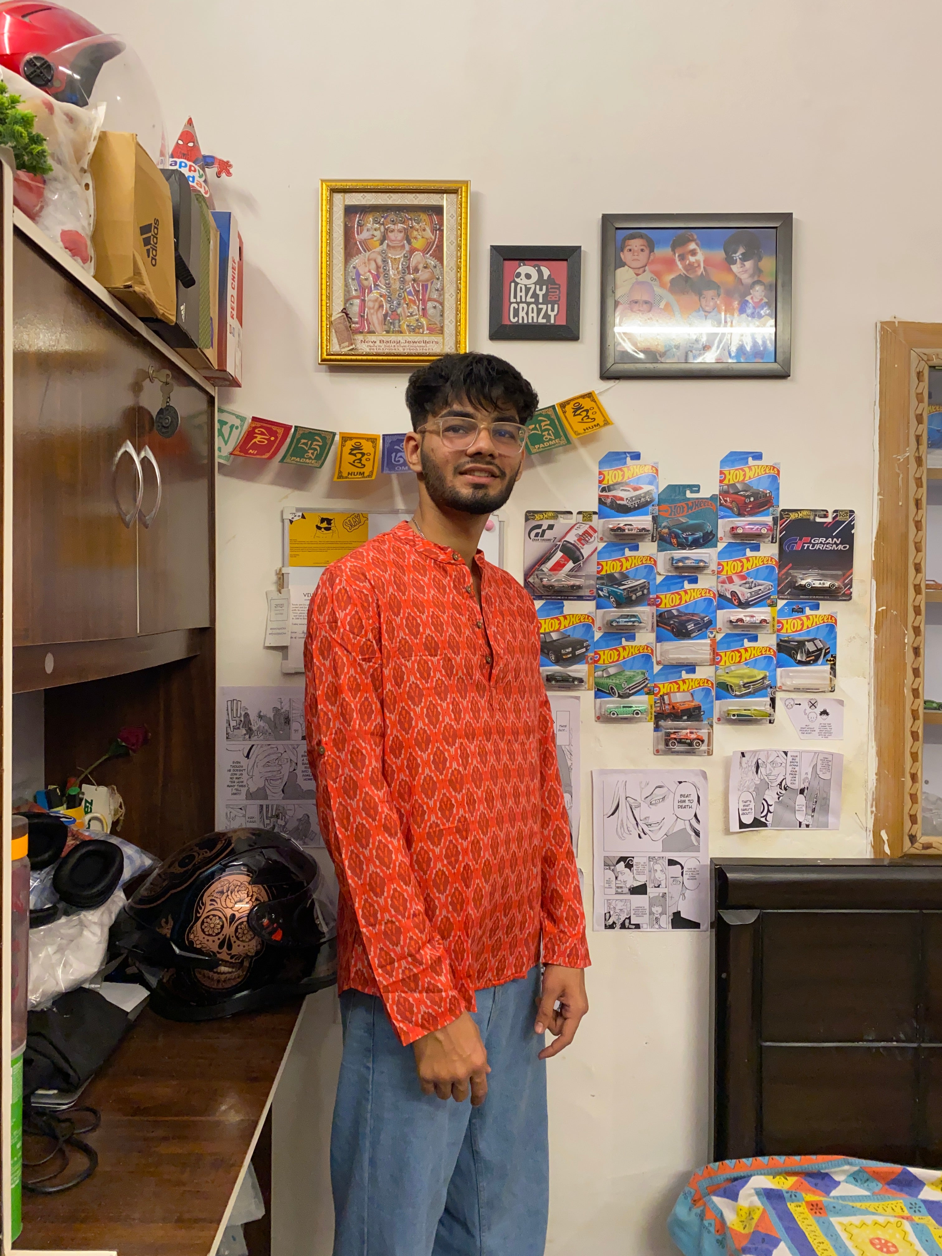 Prakatha Men's Red Printed Cotton Blend Short Kurta