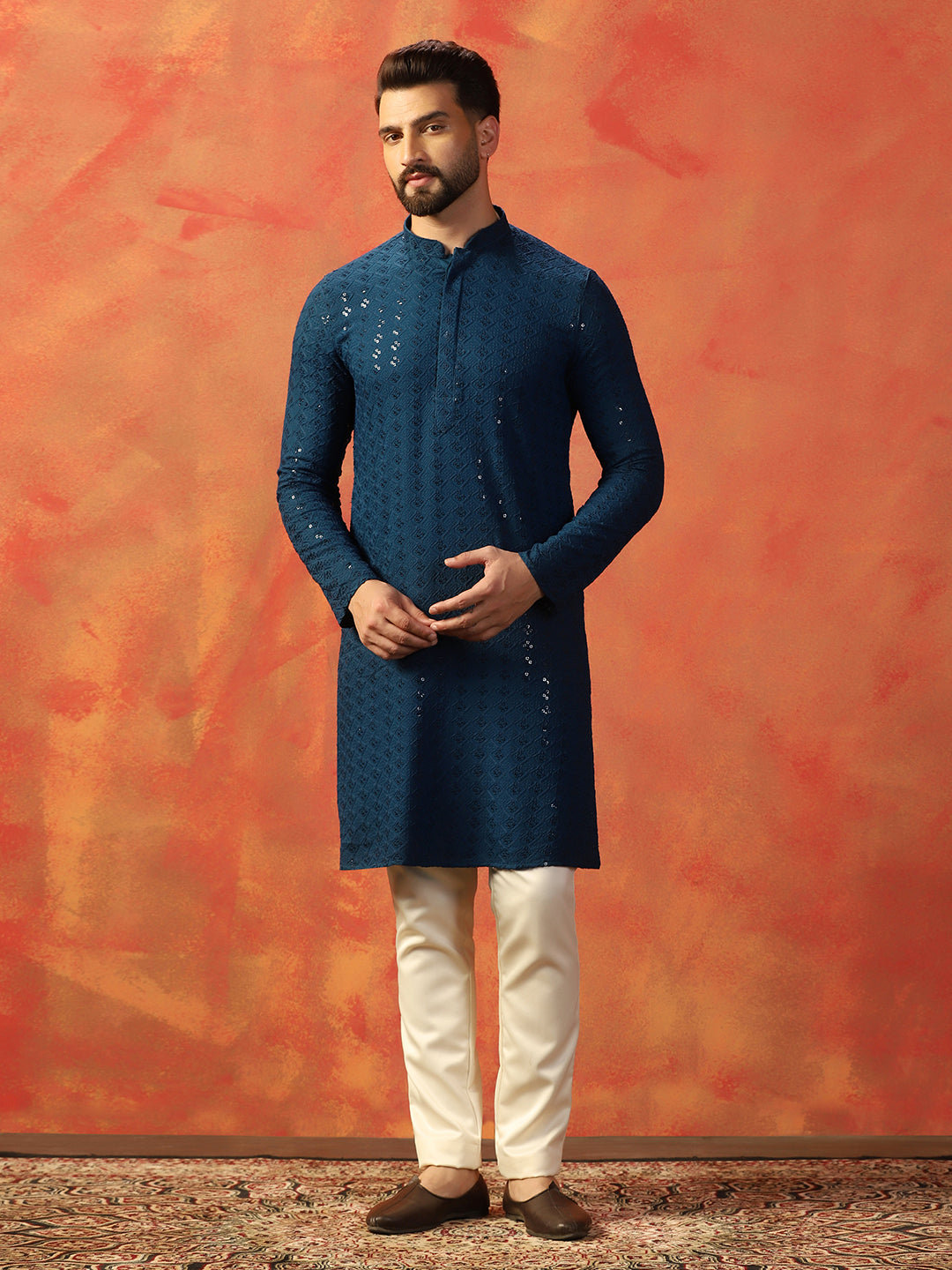 Blue Thread Sequence And Embroidery Kurta For Men