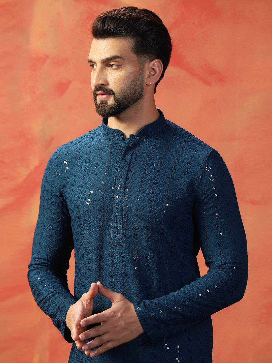 Men Blue Sequence Kurta Trouser Set