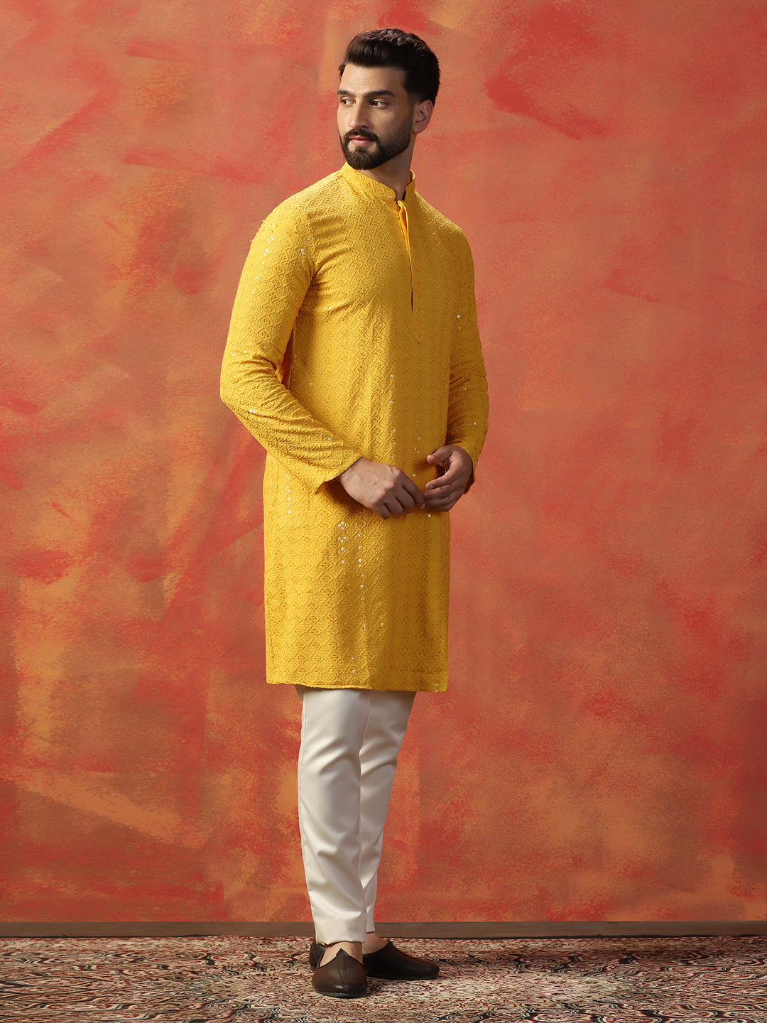 Yellow Thread Sequence And Embroidered Kurta Trouser Set For Men