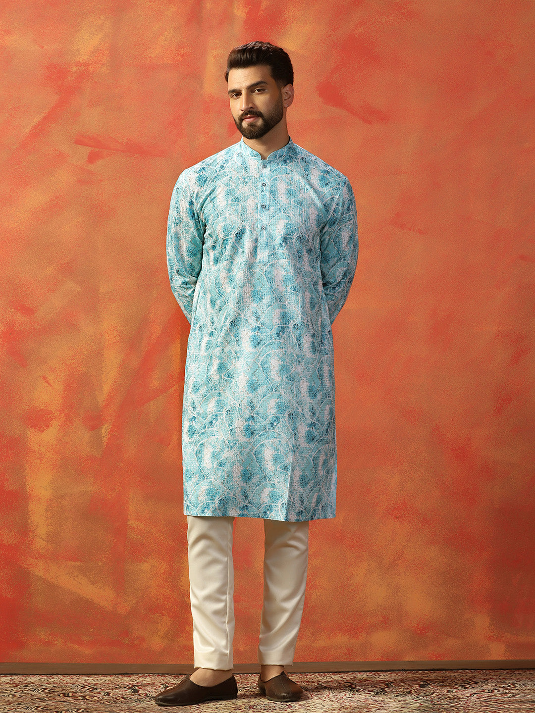 Men Sky Blue Digital Print Kurta Trouser Set