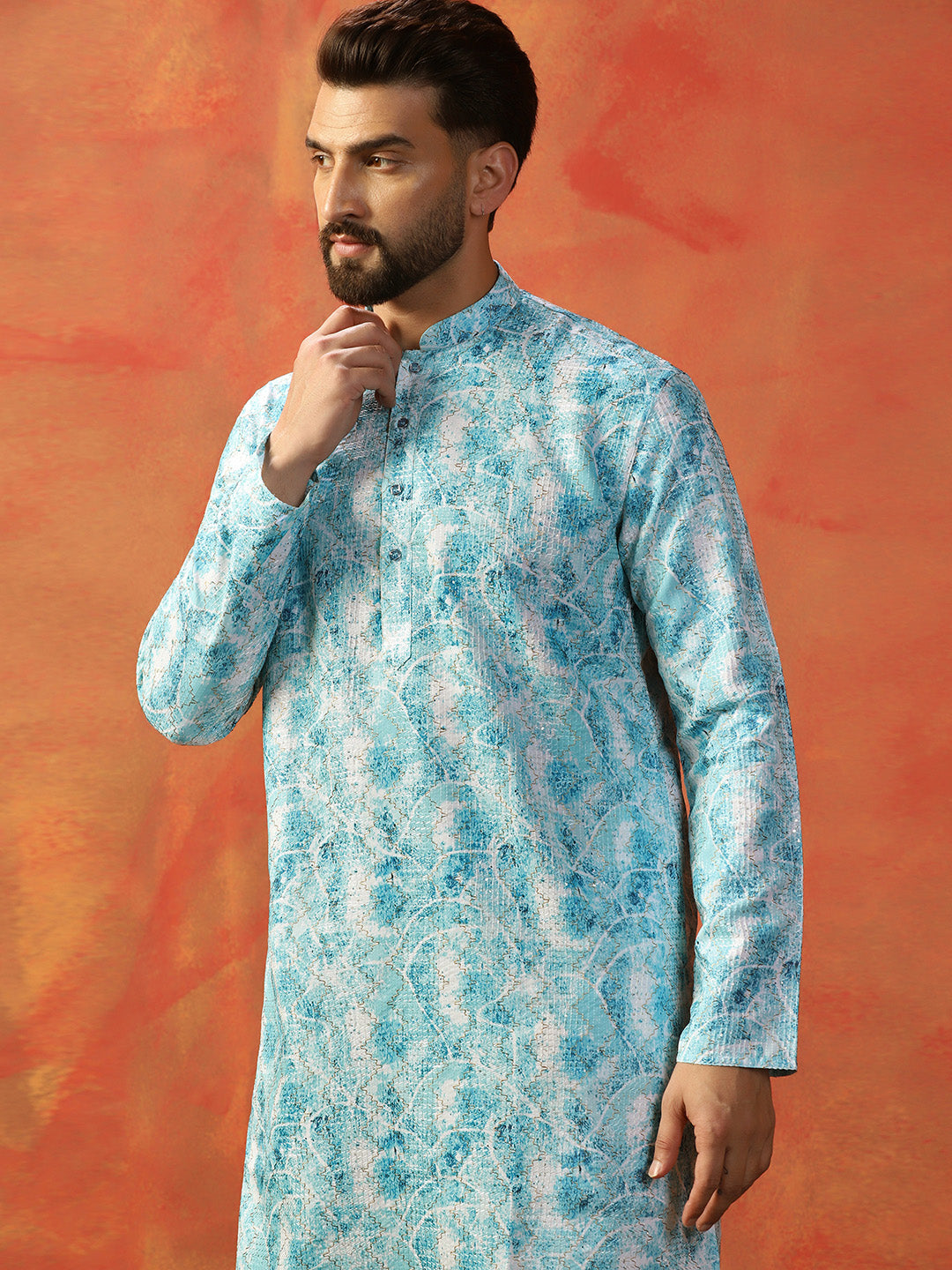 Men Sky Blue Digital Print Kurta